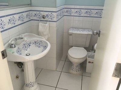 Guest Bath With Matching Decorative Sink, Toilet And Tile Accents