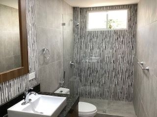  Decorative tiled shower wall.