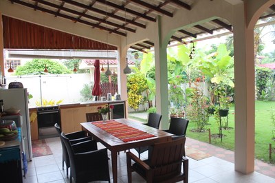 Outdoor cooking and dining area